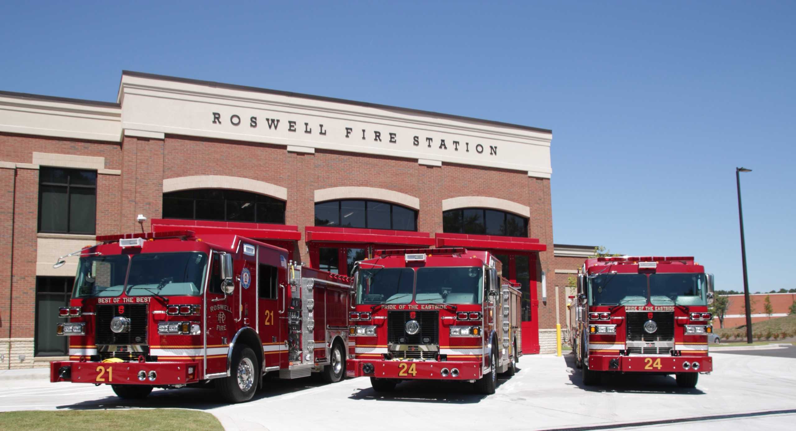 Roswell Fire Department engines lined up — the fleet that keeps the city safe.